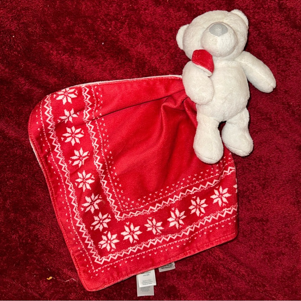 Carters White Bear Red Security Blanket Rattle Snowflake Plush Baby Lovey Toy